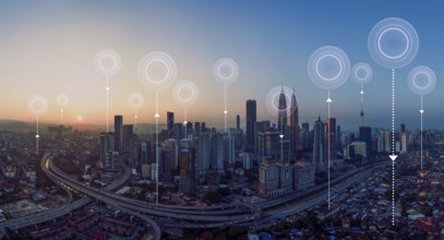 Panorama aerial view in the cityscape skyline with network connection concept, early morning