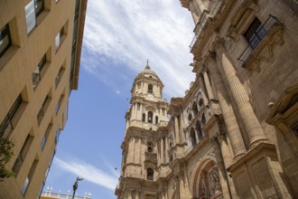 Malaga, Spain, May 24, 2019: Exterior view of the cathedral in the historic city center, Europe