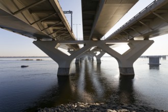 Architecture, view under a modern bridge, Montreal, Province of Quebec, Canada, North America