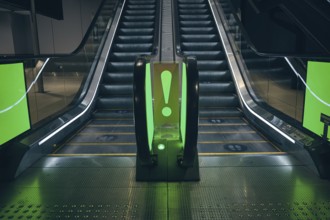 Empty escalator with exclamation mark and highlighted by green at airport terminal
