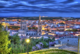 Burgos aerial view skyline sunset with Cathedral in Castilla Leon of Spain