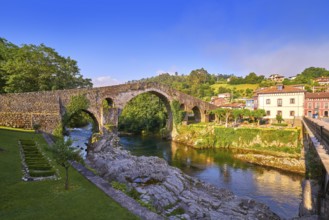 Cangas de Onis roman bridge on Sella river in Asturias of Spain