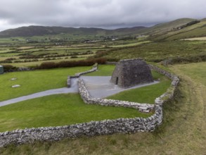 Gallarus Oratory aerial view (Séipéilín Ghallarais), early Christian church, Dingle Peninsula,
