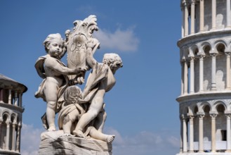 Sculpture at the cathedral and famous leaning tower of Pisa, Italy, Europe