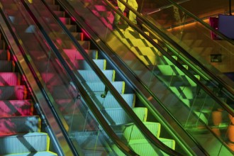 Colourful reflections on stairways, convention centre, Montreal, Province of Quebec, Canada, North
