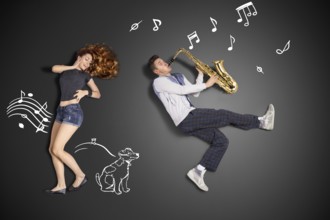 Happy valentines love story concept of a romantic couple against chalk drawings background. Male