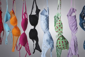A group of colorful bras hang on a clothes line in a studio environment