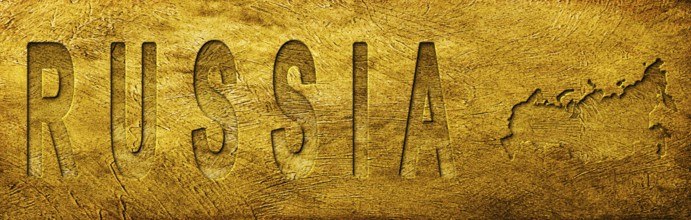 Russia Map and Text on Grunge Gold Texture