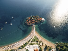 Aerial view of the beaches near the island of Sveti Stefan. Montenegro.