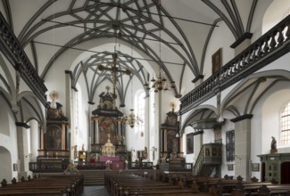 Built 1659-1668 by the lay brothers of the Jesuit order, view southwards to the high altar, gallery