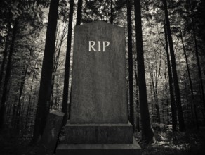 Spooky RIP Gravestone In A Dark Forest Setting