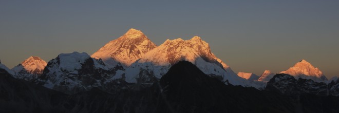 Top of the world at sunset. Mount Everest and other high mountains, Nepal, Asia