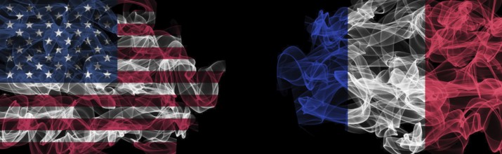 Flags of USA and France on Black background, USA vs France Smoke Flags
