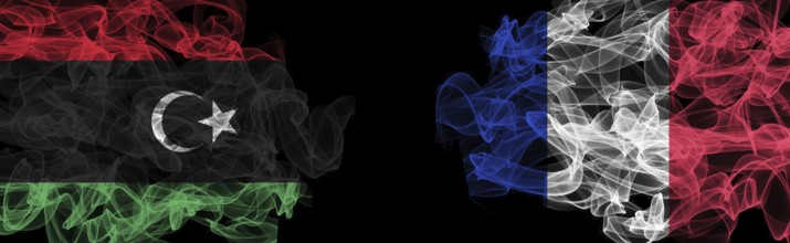 Flags of Libya and France on Black background, Libya vs France Smoke Flags