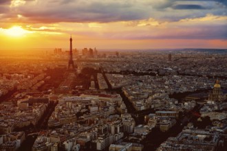 Eiffel Tower in Paris aerial sunset at France