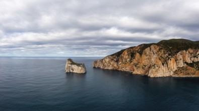 Drone panorama landscape of the cliffs and sea stacks at Porto Flavia on Sardinia