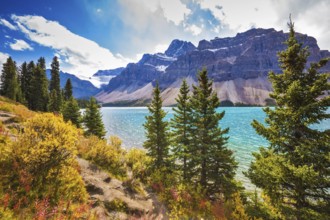 Canadian Rockies, Banff National Park. Amazing mountain glacial Bow Lake with emerald water. The
