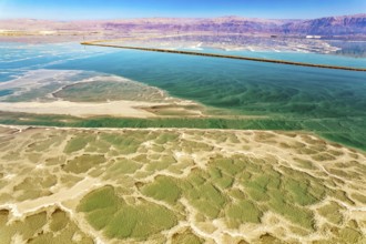 Salt deposits are visible on the seabed. Magic of the Dead Sea. The clear green water of the salty