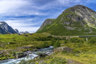 An idyllic valley in Strynefjell in Middle Norway in summertime with mountains and stream.A