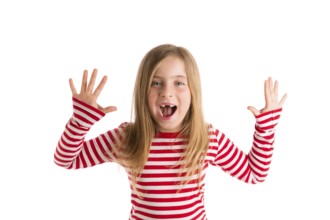 Blond indented kid girl open mounth and hands happy expression gesture on white