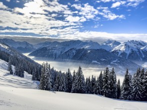 Snow-covered winter landscape in the Silvretta Montafon ski area in Vorarlberg, Austria, Europe