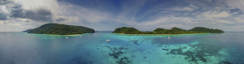 Aerial panorama view of beauty nature landscape with beach, corals and sea on tropical Koh Rok