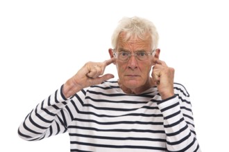 Senior man with too much noise isolated over white background