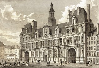 Hôtel de Ville, Paris, antique steel engraved print, 1831