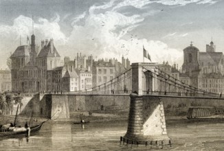 The pont d'Arcole, Paris, France, antique steel engraved print, 1831, Europe
