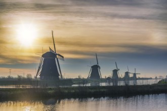 Rotterdam Netherlands, sunrise nature landscape of Dutch Windmill at Kinderdijk Village