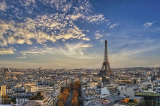 Paris France, high angle view of Eiffel Tower and city skyline with autumn foliage season