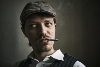 Young guy smoking cigarette, blows smoke, dressed in a retro style, in a beret, cinematic shot, big