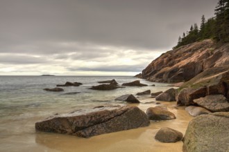 View of the rocky cliff shore line at Acadia National Park. Maine, New England, USA - HDR Image