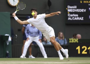 Spanish tennis player Carlos Alcaraz in action at the 2024 Wimbledon Championships, London,