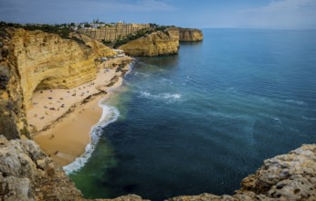 Carvoeiro, Portugal, September 2022: High angle view on Praia do Vale de Centeanes on the coast of