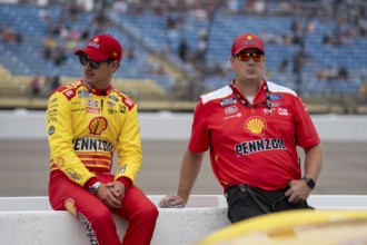 Joey Logano waits for qualifying to begin for the Iowa Corn 350 Powered by Ethanol in Newton, IA,