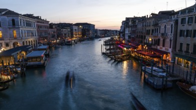 Blue hour, view over the Grand Canal, from the Rialto Bridge, Venice, Veneto, Italy, Europe