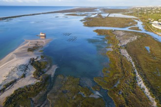 Fuseta, sea coast, beach, wetland, aerial view, nature reserve, drone shot, Algarve, Portugal,