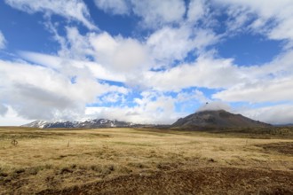 Panoramic view of mountainous Hellnar, Snaefellsnes National Park, Iceland, Europe