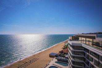 Beach view in sunny weather, the sea stretches to the horizon, Golden Sands, Varna, Bulgaria,