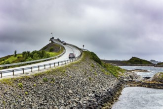 The famous Atlantic road in Norway. Road to nowhere. Terrible weather. Rain, wind and cold in July