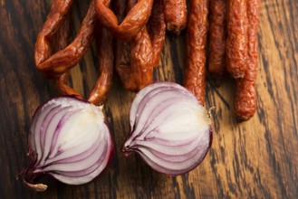 Snack stick sausage with onion