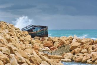 Boat on the Stony Shore of Black Sea in Varna, Bulgaria, Europe