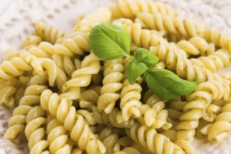 Italian fusilli pasta and fresh homemade pesto sauce