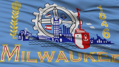 Closeup of Milwaukee City Flag, Waving in the Wind, Wisconsin State, United States of America
