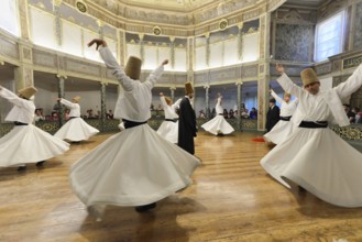Dancing dervishes, dervish dance Sema, Mevlevihanesi Müzesi at Istiklal Caddesi, Istanbul, European
