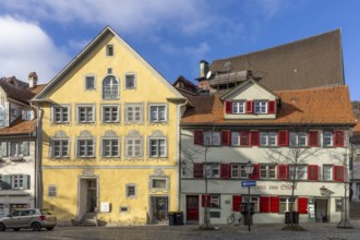 Two buildings and the donkey fountain on Eselbergstraße, Wangen im Allgäu, Baden-Württemberg,
