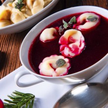 Traditional Polish Christmas Eve borscht with dumplings