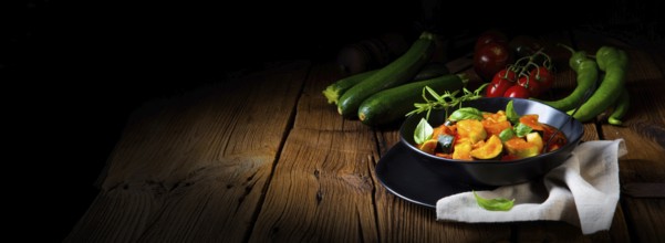 Vegetarian courgette ratatouille with tomato sauce and herbs