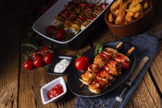 Marinated kebabs with meat and vegetables